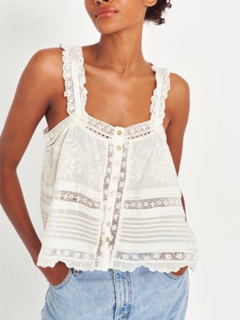 LoveShackFancy Sully White Lace Tank Top XL